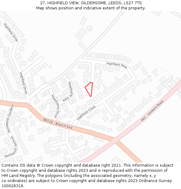 27, HIGHFIELD VIEW, GILDERSOME, LEEDS, LS27 7TS: Location map and indicative extent of plot