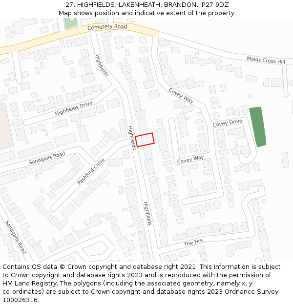 27, HIGHFIELDS, LAKENHEATH, BRANDON, IP27 9DZ: Location map and indicative extent of plot