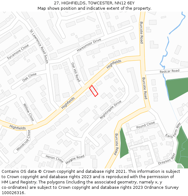 27, HIGHFIELDS, TOWCESTER, NN12 6EY: Location map and indicative extent of plot