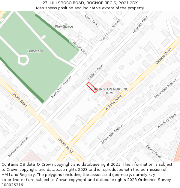 27, HILLSBORO ROAD, BOGNOR REGIS, PO21 2DX: Location map and indicative extent of plot