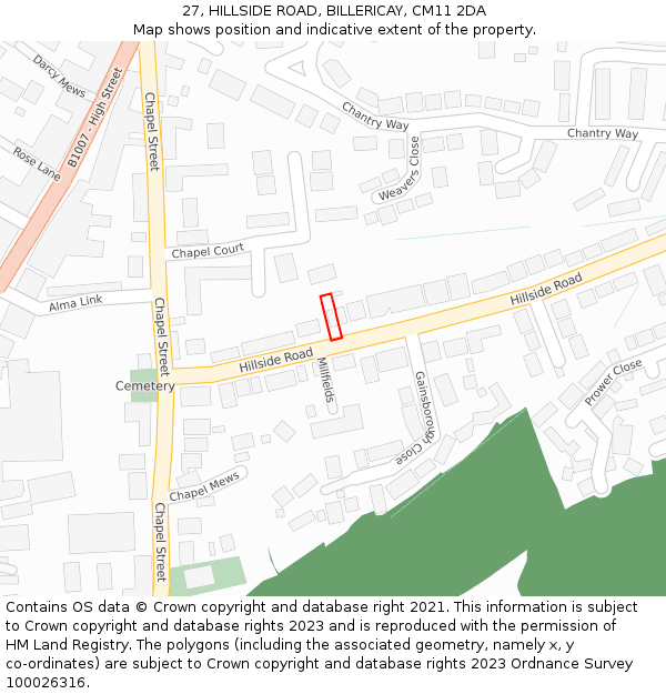 27, HILLSIDE ROAD, BILLERICAY, CM11 2DA: Location map and indicative extent of plot