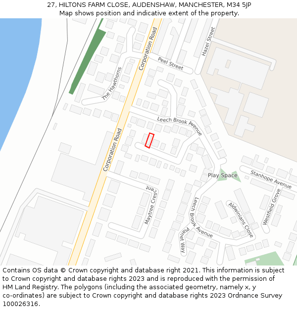 27, HILTONS FARM CLOSE, AUDENSHAW, MANCHESTER, M34 5JP: Location map and indicative extent of plot