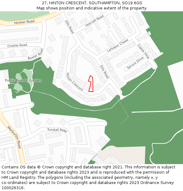 27, HINTON CRESCENT, SOUTHAMPTON, SO19 6GS: Location map and indicative extent of plot