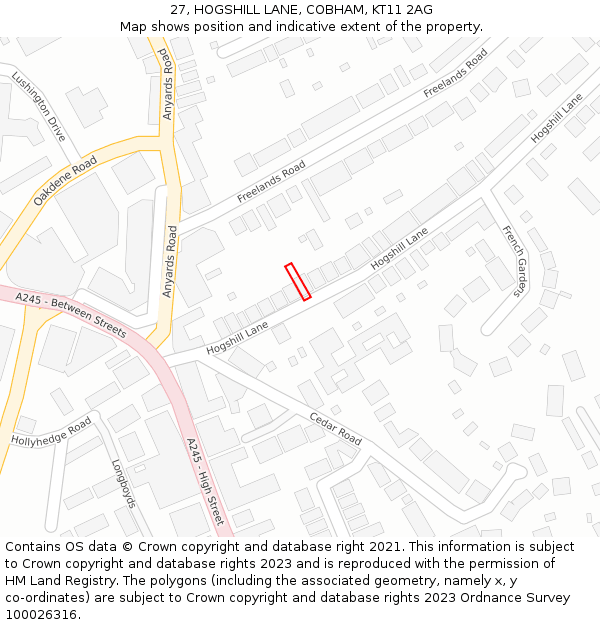 27, HOGSHILL LANE, COBHAM, KT11 2AG: Location map and indicative extent of plot