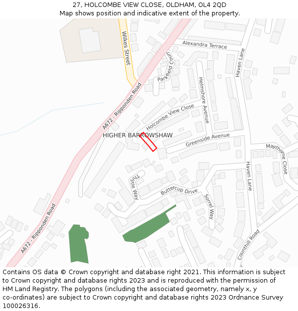 27, HOLCOMBE VIEW CLOSE, OLDHAM, OL4 2QD: Location map and indicative extent of plot