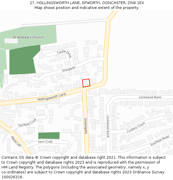 27, HOLLINGSWORTH LANE, EPWORTH, DONCASTER, DN9 1EX: Location map and indicative extent of plot