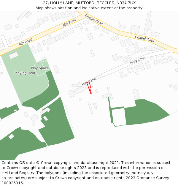 27, HOLLY LANE, MUTFORD, BECCLES, NR34 7UX: Location map and indicative extent of plot