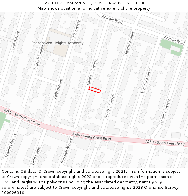 27, HORSHAM AVENUE, PEACEHAVEN, BN10 8HX: Location map and indicative extent of plot