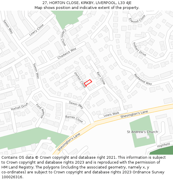 27, HORTON CLOSE, KIRKBY, LIVERPOOL, L33 4JE: Location map and indicative extent of plot