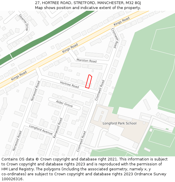 27, HORTREE ROAD, STRETFORD, MANCHESTER, M32 8GJ: Location map and indicative extent of plot