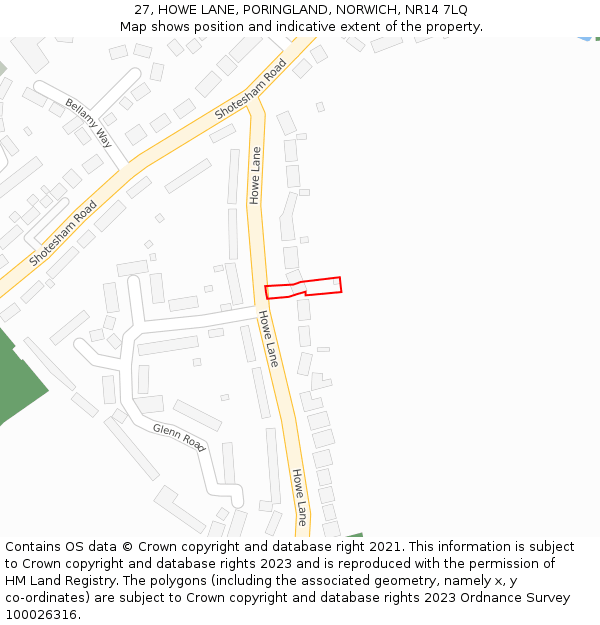 27, HOWE LANE, PORINGLAND, NORWICH, NR14 7LQ: Location map and indicative extent of plot