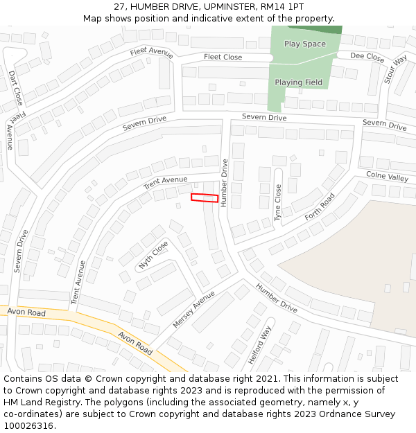 27, HUMBER DRIVE, UPMINSTER, RM14 1PT: Location map and indicative extent of plot