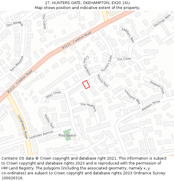 27, HUNTERS GATE, OKEHAMPTON, EX20 1SU: Location map and indicative extent of plot