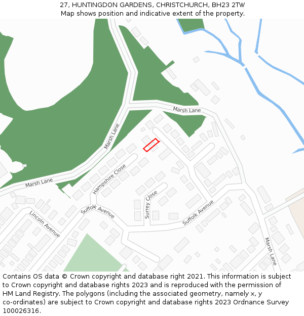 27, HUNTINGDON GARDENS, CHRISTCHURCH, BH23 2TW: Location map and indicative extent of plot