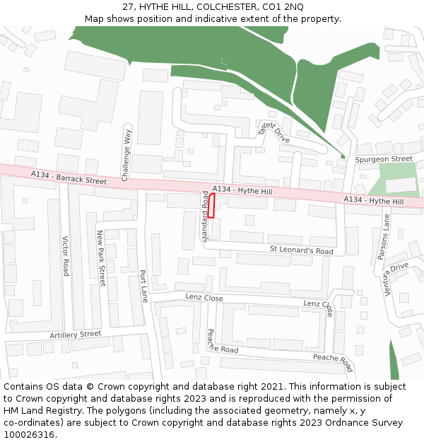 27, HYTHE HILL, COLCHESTER, CO1 2NQ: Location map and indicative extent of plot