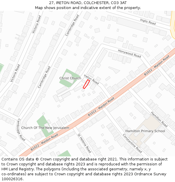 27, IRETON ROAD, COLCHESTER, CO3 3AT: Location map and indicative extent of plot