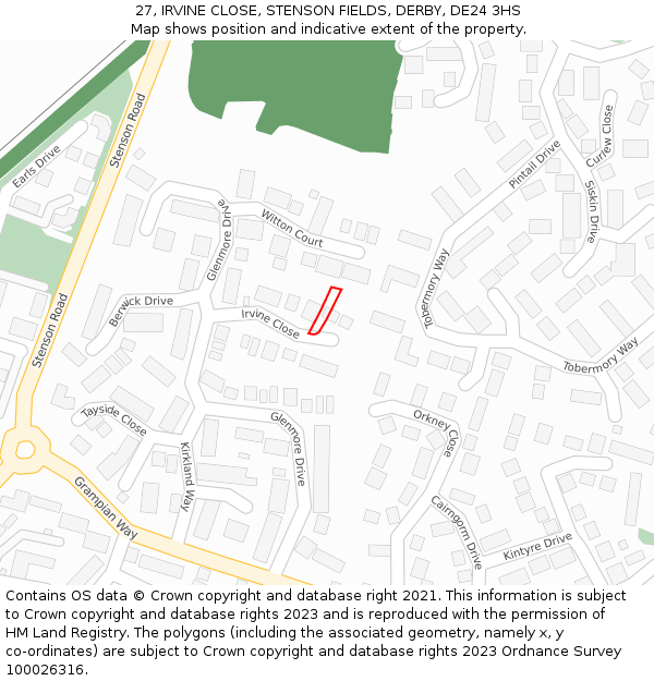 27, IRVINE CLOSE, STENSON FIELDS, DERBY, DE24 3HS: Location map and indicative extent of plot