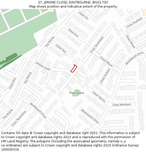 27, JEROME CLOSE, EASTBOURNE, BN23 7QY: Location map and indicative extent of plot