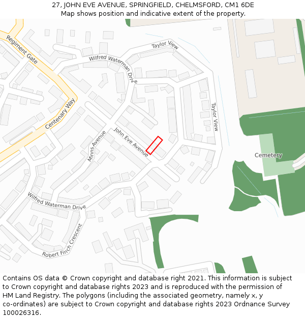 27, JOHN EVE AVENUE, SPRINGFIELD, CHELMSFORD, CM1 6DE: Location map and indicative extent of plot