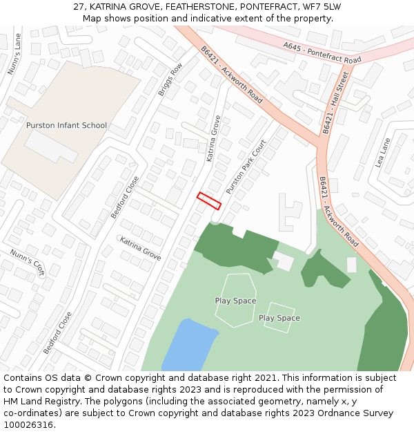 27, KATRINA GROVE, FEATHERSTONE, PONTEFRACT, WF7 5LW: Location map and indicative extent of plot