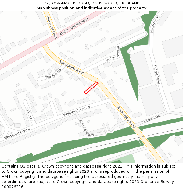 27, KAVANAGHS ROAD, BRENTWOOD, CM14 4NB: Location map and indicative extent of plot