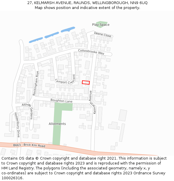 27, KELMARSH AVENUE, RAUNDS, WELLINGBOROUGH, NN9 6UQ: Location map and indicative extent of plot