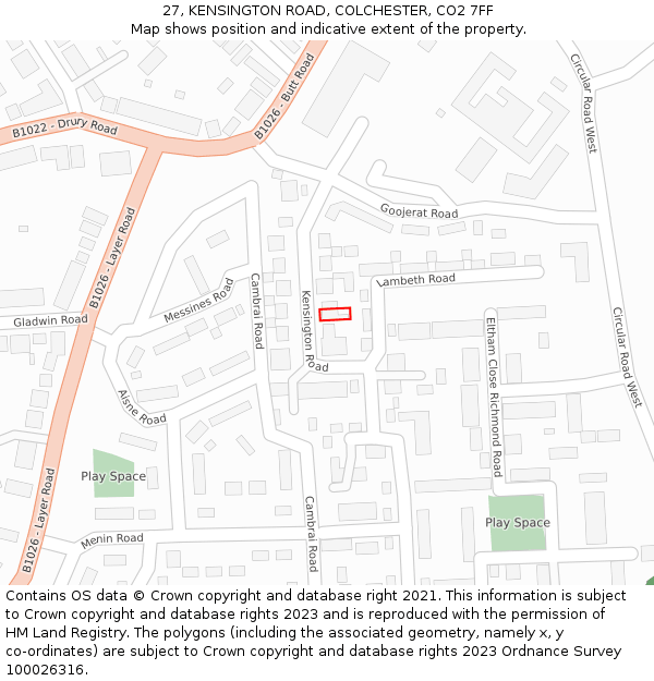 27, KENSINGTON ROAD, COLCHESTER, CO2 7FF: Location map and indicative extent of plot