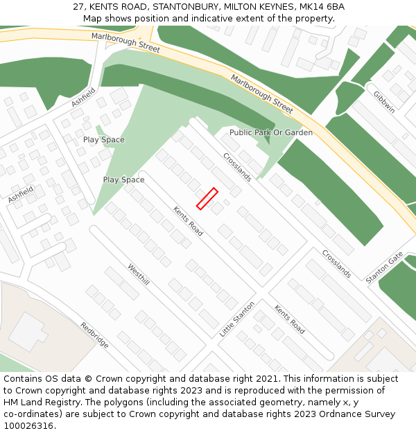 27, KENTS ROAD, STANTONBURY, MILTON KEYNES, MK14 6BA: Location map and indicative extent of plot