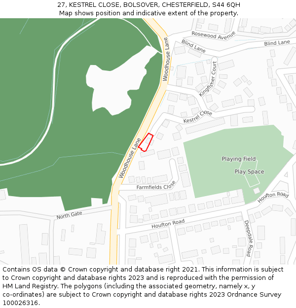 27, KESTREL CLOSE, BOLSOVER, CHESTERFIELD, S44 6QH: Location map and indicative extent of plot