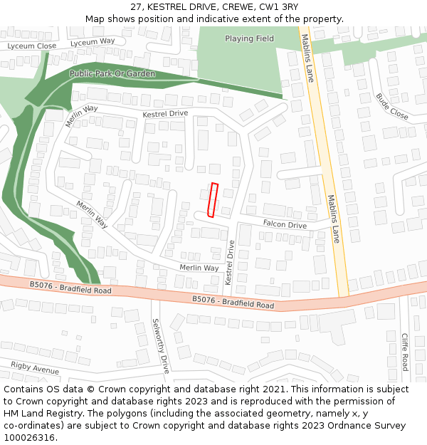 27, KESTREL DRIVE, CREWE, CW1 3RY: Location map and indicative extent of plot