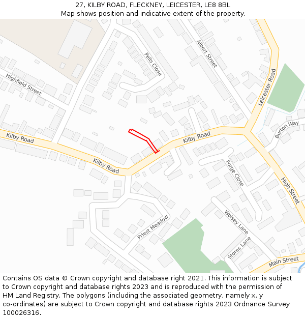 27, KILBY ROAD, FLECKNEY, LEICESTER, LE8 8BL: Location map and indicative extent of plot