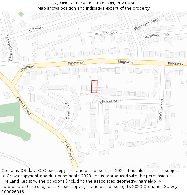 27, KINGS CRESCENT, BOSTON, PE21 0AP: Location map and indicative extent of plot