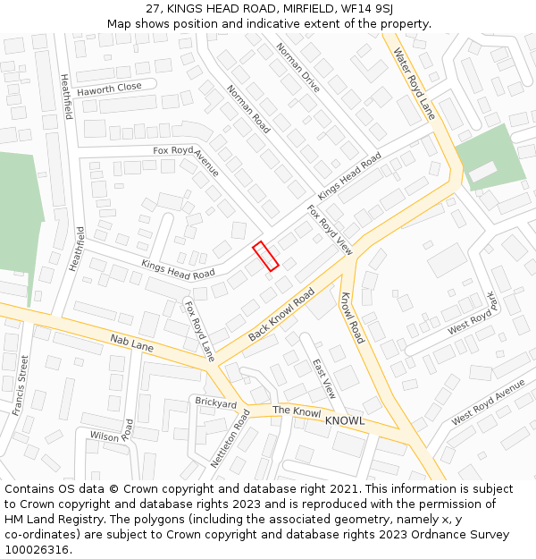 27, KINGS HEAD ROAD, MIRFIELD, WF14 9SJ: Location map and indicative extent of plot