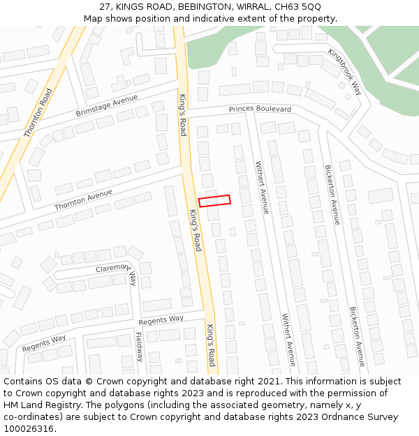 27, KINGS ROAD, BEBINGTON, WIRRAL, CH63 5QQ: Location map and indicative extent of plot