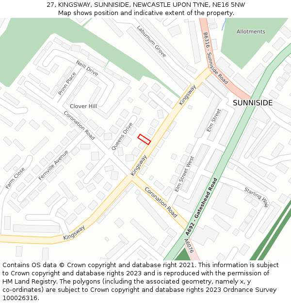 27, KINGSWAY, SUNNISIDE, NEWCASTLE UPON TYNE, NE16 5NW: Location map and indicative extent of plot