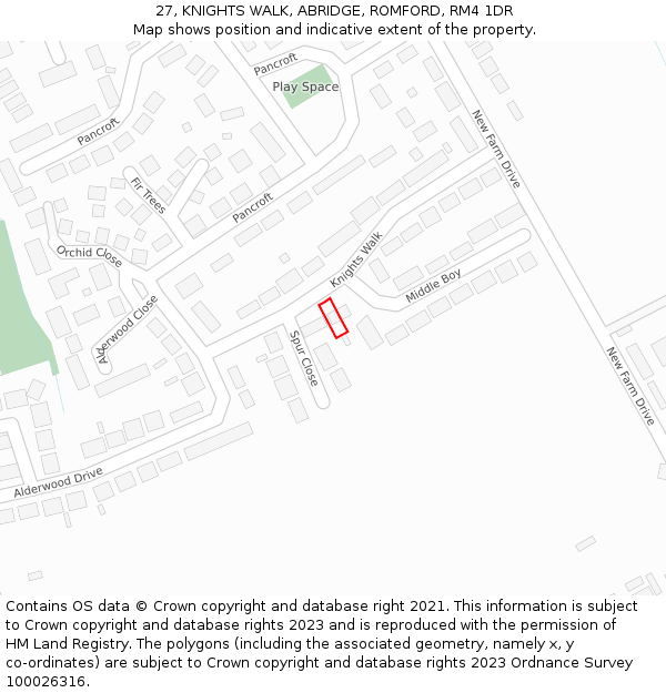 27, KNIGHTS WALK, ABRIDGE, ROMFORD, RM4 1DR: Location map and indicative extent of plot