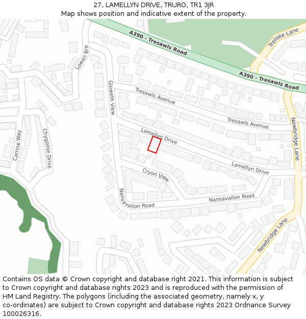 27, LAMELLYN DRIVE, TRURO, TR1 3JR: Location map and indicative extent of plot