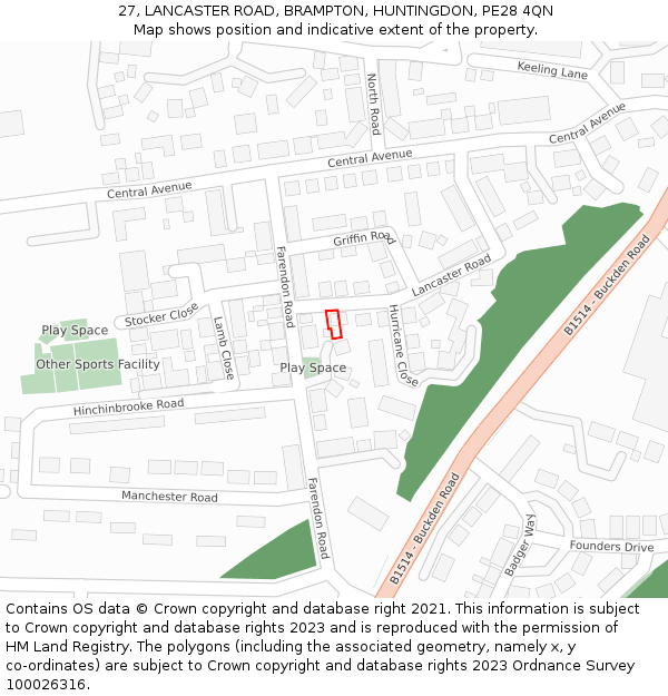 27, LANCASTER ROAD, BRAMPTON, HUNTINGDON, PE28 4QN: Location map and indicative extent of plot