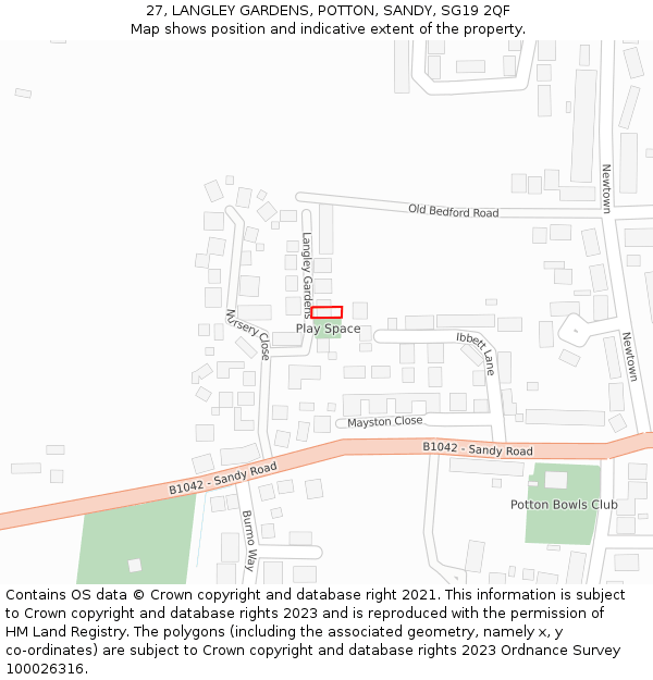 27, LANGLEY GARDENS, POTTON, SANDY, SG19 2QF: Location map and indicative extent of plot