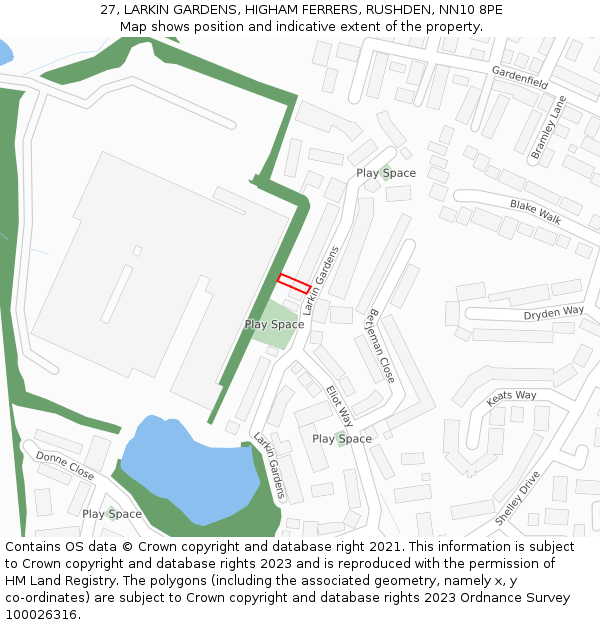 27, LARKIN GARDENS, HIGHAM FERRERS, RUSHDEN, NN10 8PE: Location map and indicative extent of plot