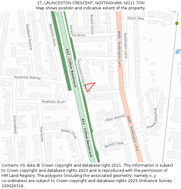 27, LAUNCESTON CRESCENT, NOTTINGHAM, NG11 7DN: Location map and indicative extent of plot