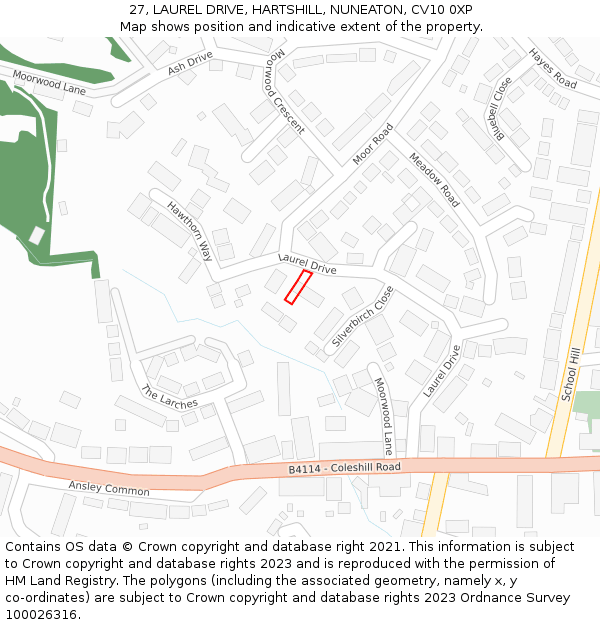 27, LAUREL DRIVE, HARTSHILL, NUNEATON, CV10 0XP: Location map and indicative extent of plot