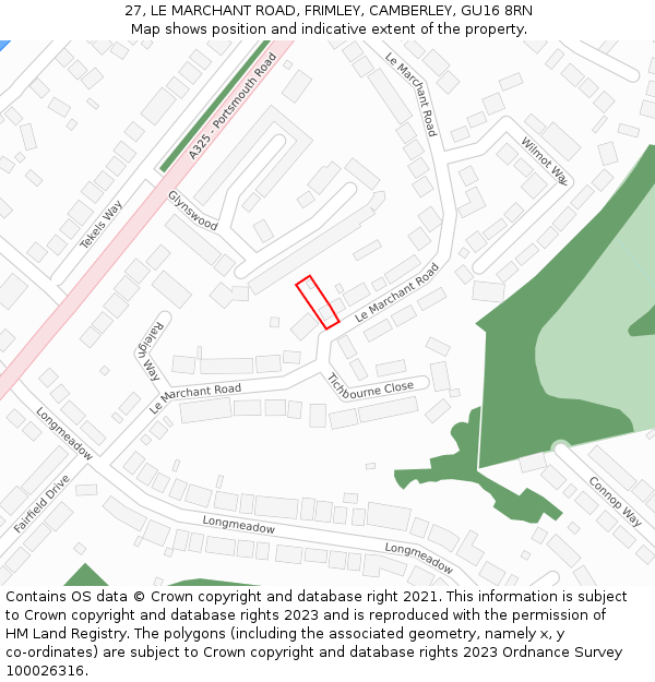 27, LE MARCHANT ROAD, FRIMLEY, CAMBERLEY, GU16 8RN: Location map and indicative extent of plot