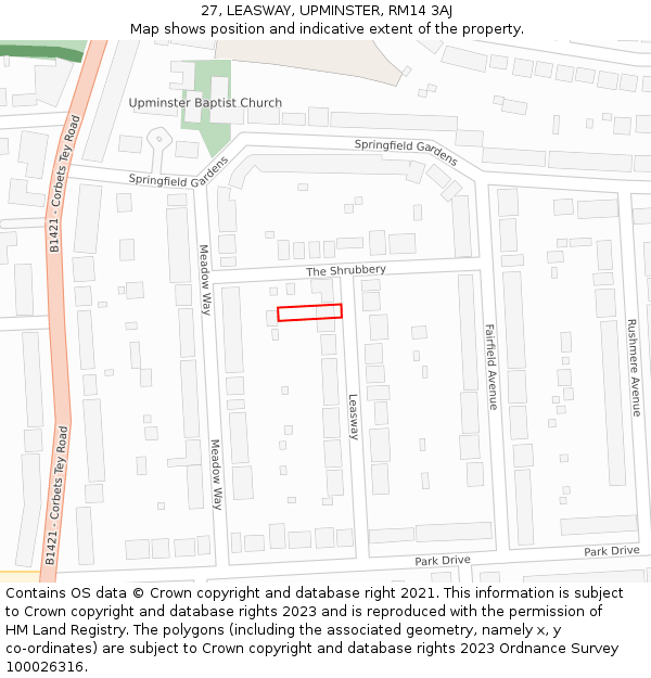 27, LEASWAY, UPMINSTER, RM14 3AJ: Location map and indicative extent of plot