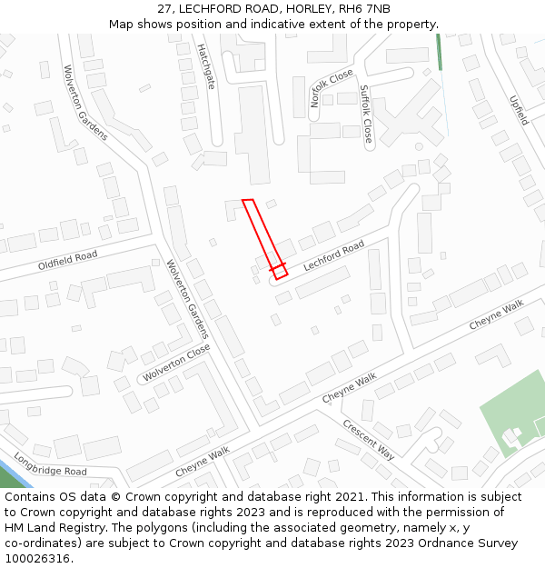 27, LECHFORD ROAD, HORLEY, RH6 7NB: Location map and indicative extent of plot