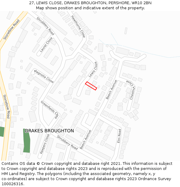 27, LEWIS CLOSE, DRAKES BROUGHTON, PERSHORE, WR10 2BN: Location map and indicative extent of plot