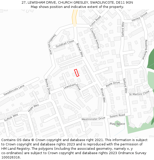 27, LEWISHAM DRIVE, CHURCH GRESLEY, SWADLINCOTE, DE11 9GN: Location map and indicative extent of plot