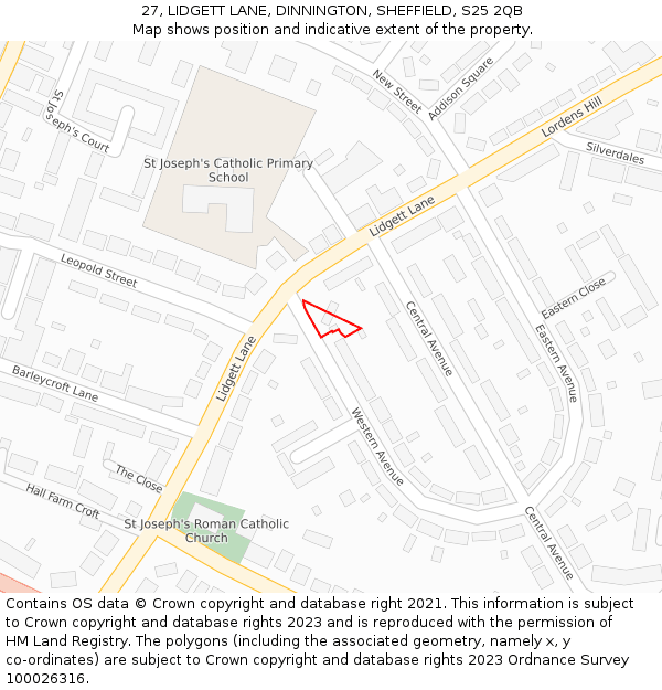 27, LIDGETT LANE, DINNINGTON, SHEFFIELD, S25 2QB: Location map and indicative extent of plot