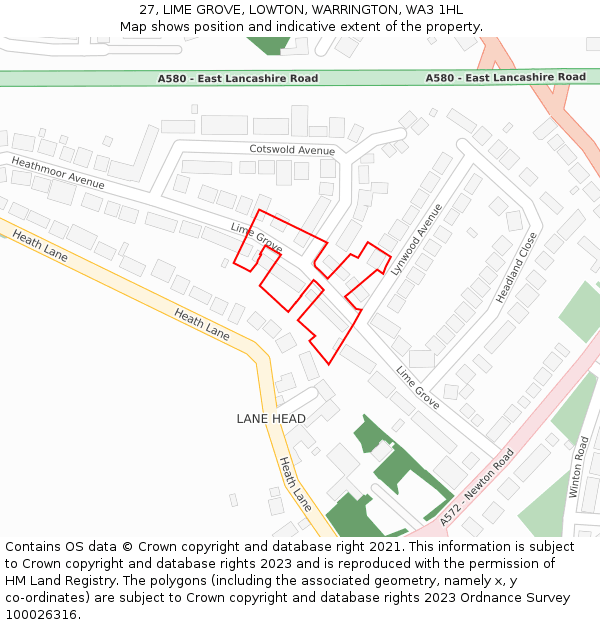 27, LIME GROVE, LOWTON, WARRINGTON, WA3 1HL: Location map and indicative extent of plot