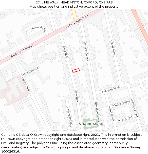 27, LIME WALK, HEADINGTON, OXFORD, OX3 7AB: Location map and indicative extent of plot